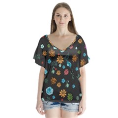 Flowers-leaves Leaf Background Floral Flora V-neck Flutter Sleeve Top by danenraven