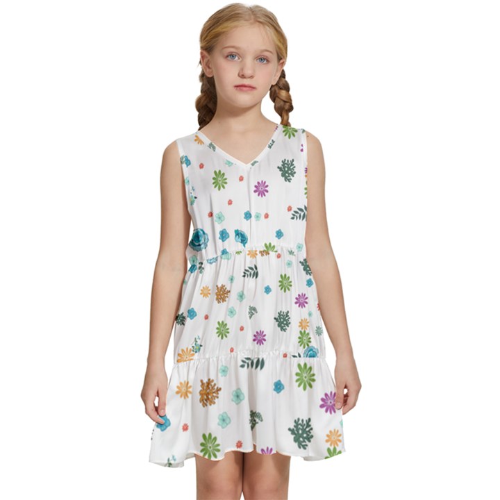 Flower Leaf Leaves Background Floral Kids  Sleeveless Tiered Mini Dress