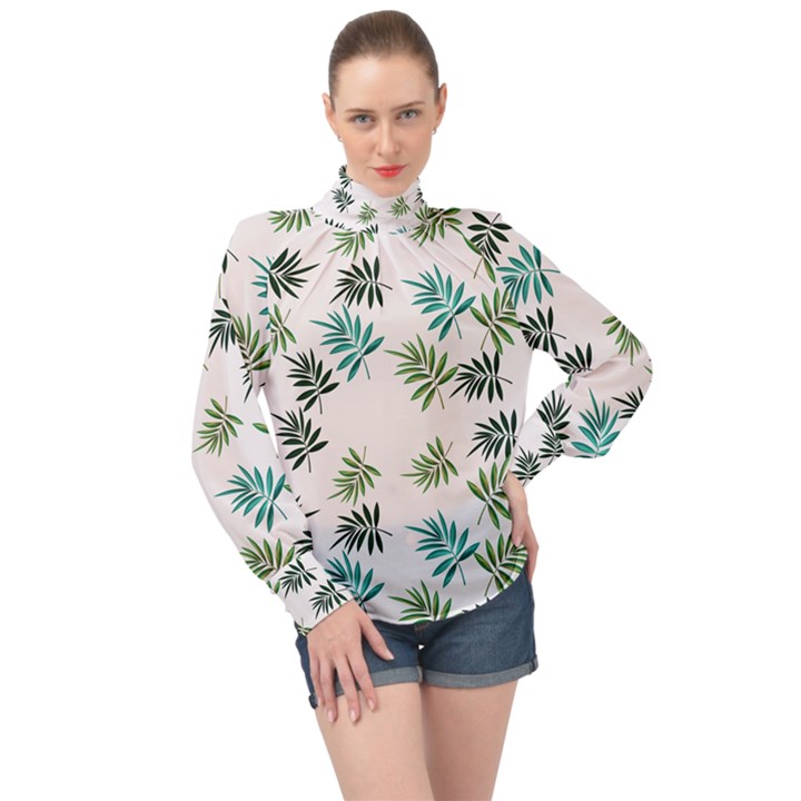 Leaves Leaf Green Nature High Neck Long Sleeve Chiffon Top