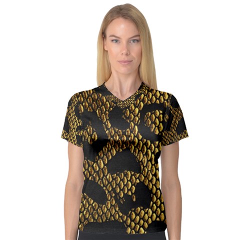 Metallic Snake Skin Pattern V-neck Sport Mesh Tee by BangZart