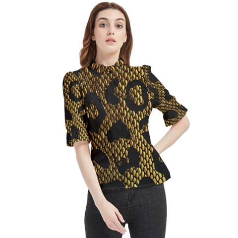 Metallic Snake Skin Pattern Frill Neck Blouse by BangZart