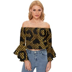 Metallic Snake Skin Pattern Off Shoulder Flutter Bell Sleeve Top