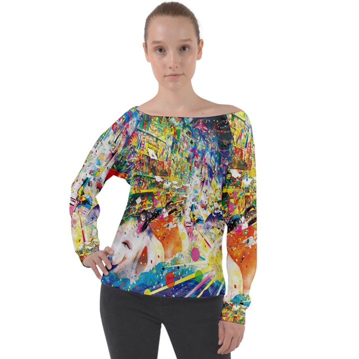 Multicolor Anime Colors Colorful Off Shoulder Long Sleeve Velour Top