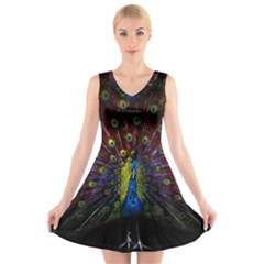 Beautiful Peacock Feather V-neck Sleeveless Dress