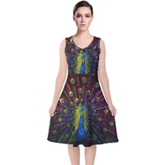 Beautiful Peacock Feather V-neck Midi Sleeveless Dress 