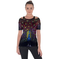 Beautiful Peacock Feather Shoulder Cut Out Short Sleeve Top