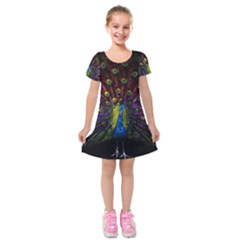 Beautiful Peacock Feather Kids  Short Sleeve Velvet Dress by Jancukart