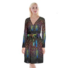 Beautiful Peacock Feather Long Sleeve Velvet Front Wrap Dress