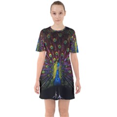 Beautiful Peacock Feather Sixties Short Sleeve Mini Dress