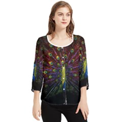 Beautiful Peacock Feather Chiffon Quarter Sleeve Blouse