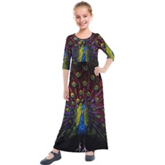 Beautiful Peacock Feather Kids  Quarter Sleeve Maxi Dress