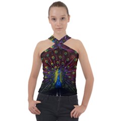 Beautiful Peacock Feather Cross Neck Velour Top