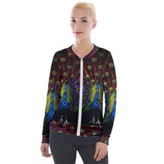 Beautiful Peacock Feather Velvet Zip Up Jacket