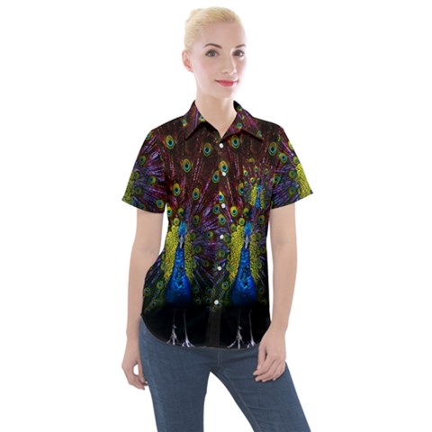 Beautiful Peacock Feather Women s Short Sleeve Pocket Shirt by Jancukart