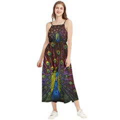 Beautiful Peacock Feather Boho Sleeveless Summer Dress