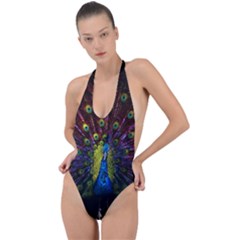 Beautiful Peacock Feather Backless Halter One Piece Swimsuit