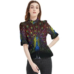 Beautiful Peacock Feather Frill Neck Blouse