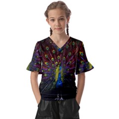 Beautiful Peacock Feather Kids  V-neck Horn Sleeve Blouse