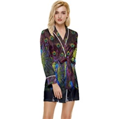 Beautiful Peacock Feather Long Sleeve Satin Robe