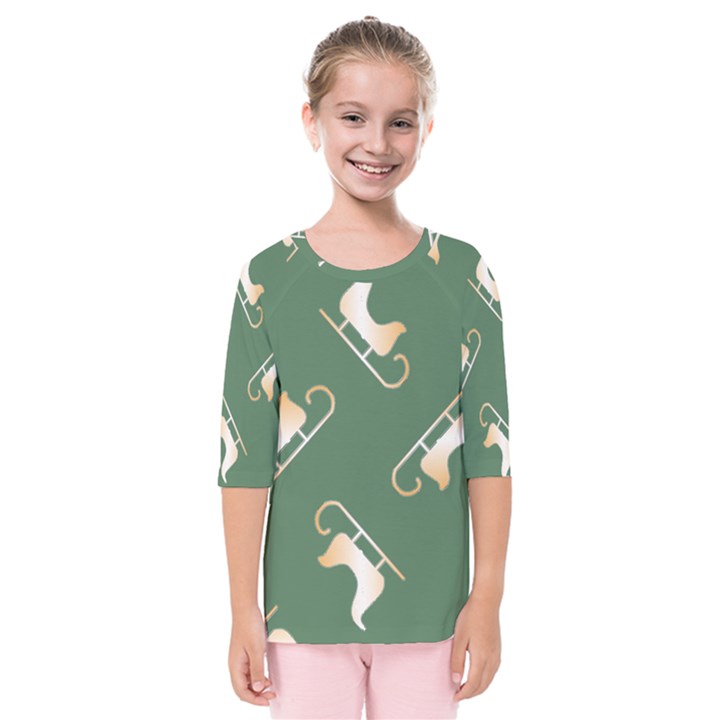 Gold Santa s sleigh green print Kids  Quarter Sleeve Raglan Tee