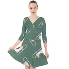 Gold Santa s Sleigh Green Print Quarter Sleeve Front Wrap Dress by TetiBright