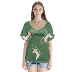 Gold Santa s Sleigh Green Print V-neck Flutter Sleeve Top by TetiBright