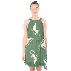 Gold Santa s Sleigh Green Print Halter Collar Waist Tie Chiffon Dress by TetiBright