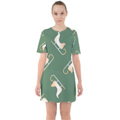 Gold Santa s Sleigh Green Print Sixties Short Sleeve Mini Dress by TetiBright