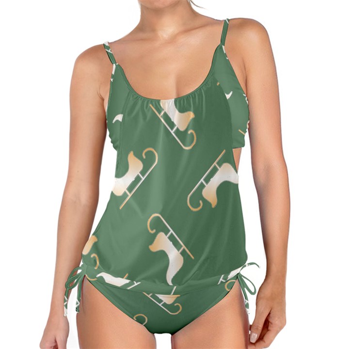 Gold Santa s sleigh green print Tankini Set