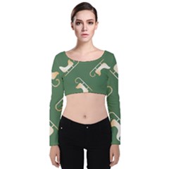 Gold Santa s Sleigh Green Print Velvet Long Sleeve Crop Top