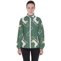 Gold Santa s Sleigh Green Print Women s High Neck Windbreaker by TetiBright