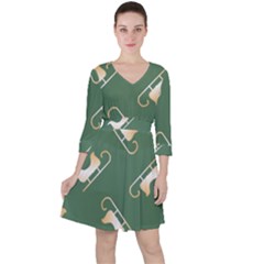 Gold Santa s Sleigh Green Print Quarter Sleeve Ruffle Waist Dress by TetiBright