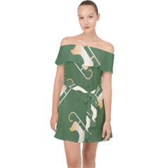 Gold Santa s Sleigh Green Print Off Shoulder Chiffon Dress