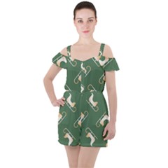 Gold Santa s Sleigh Green Print Ruffle Cut Out Chiffon Playsuit