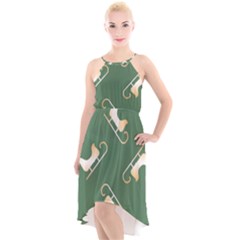 Gold Santa s Sleigh Green Print High-low Halter Chiffon Dress  by TetiBright