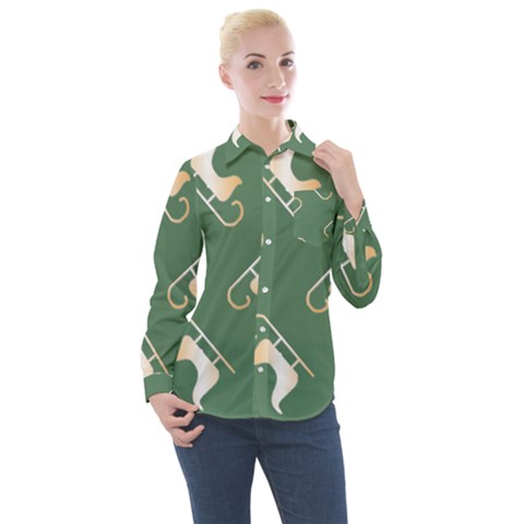 Gold Santa s Sleigh Green Print Women s Long Sleeve Pocket Shirt by TetiBright