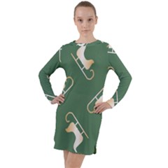 Gold Santa s Sleigh Green Print Long Sleeve Hoodie Dress by TetiBright