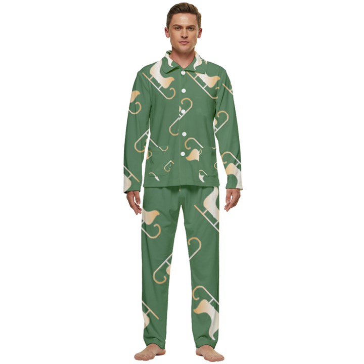 Gold Santa s sleigh green print Men s Long Sleeve Velvet Pocket Pajamas Set