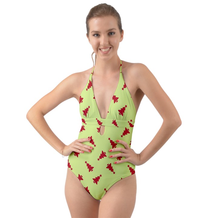 Red Christmas Tree Green Halter Cut-Out One Piece Swimsuit