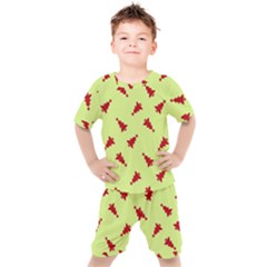 Red Christmas Tree Green Kids  Tee And Shorts Set