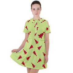 Red Christmas Tree Green Short Sleeve Shoulder Cut Out Dress 