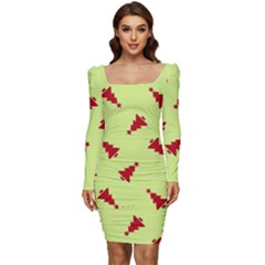 Red Christmas Tree Green Women Long Sleeve Ruched Stretch Jersey Dress