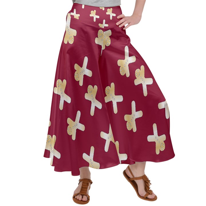 Gold Gingerbread Man Burgundy Satin Palazzo Pants