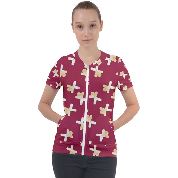 Gold Gingerbread Man Burgundy Short Sleeve Zip Up Jacket