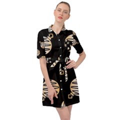 Gold Ornaments Black Belted Shirt Dress