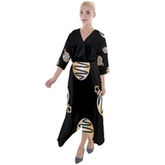 Gold Ornaments Black Quarter Sleeve Wrap Front Maxi Dress by TetiBright