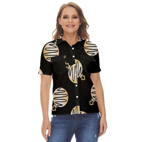 Gold Ornaments Black Women s Short Sleeve Double Pocket Shirt by TetiBright