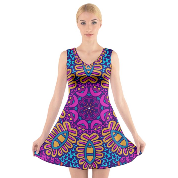 Mandala Fishes V-Neck Sleeveless Dress