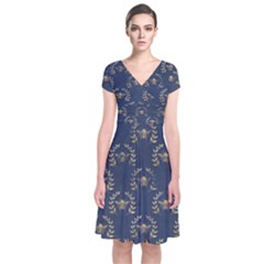 Blue Golden Bee   Short Sleeve Front Wrap Dress