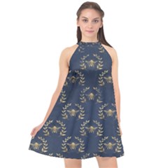 Blue Golden Bee   Halter Neckline Chiffon Dress 